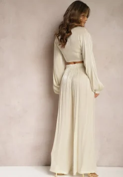 Beżowy Komplet Wiązana Koszula z Luźnym Rękawem i Szerokie Spodnie Aphina