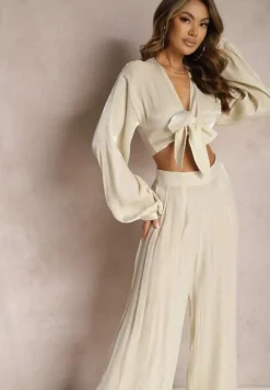 Beżowy Komplet Wiązana Koszula z Luźnym Rękawem i Szerokie Spodnie Aphina