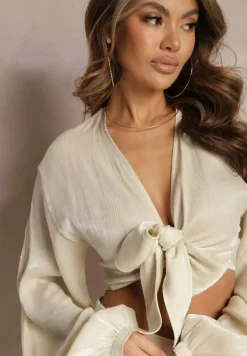 Beżowy Komplet Wiązana Koszula z Luźnym Rękawem i Szerokie Spodnie Aphina