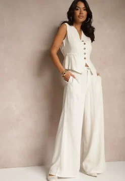 Beżowy Komplet z Bawełną i Lnem Szerokie Spodnie oraz Kamizelka Silvezina