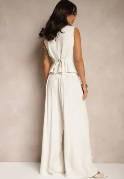 Beżowy Komplet z Bawełną i Lnem Szerokie Spodnie oraz Kamizelka Silvezina