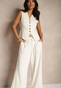 Beżowy Komplet z Bawełną i Lnem Szerokie Spodnie oraz Kamizelka Silvezina