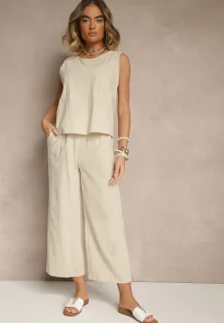 Beżowy Komplet z Bawełną i Lnem Koszulka i Szerokie Spodnie Isadell