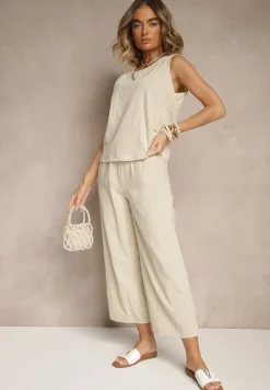 Beżowy Komplet z Bawełną i Lnem Koszulka i Szerokie Spodnie Isadell