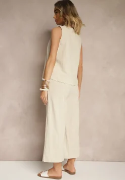 Beżowy Komplet z Bawełną i Lnem Koszulka i Szerokie Spodnie Isadell