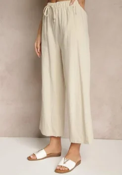Beżowy Komplet z Bawełną i Lnem Koszulka i Szerokie Spodnie Isadell
