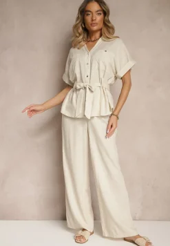 Beżowy Komplet z Bawełną Spodnie i Koszula z Paskiem Rinaretea