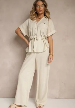 Beżowy Komplet z Bawełną Spodnie i Koszula z Paskiem Rinaretea
