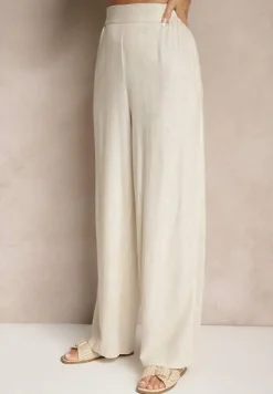 Beżowy Komplet z Bawełną Spodnie i Koszula z Paskiem Rinaretea