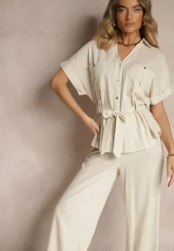 Beżowy Komplet z Bawełną Spodnie i Koszula z Paskiem Rinaretea