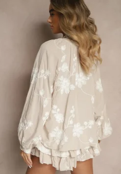 Beżowy Komplet z Bawełny Spódnico-Spodenki i Koszula z Szerokimi Rękawami Savalene