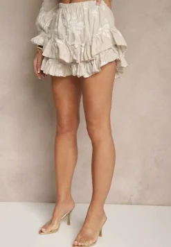 Beżowy Komplet z Bawełny Spódnico-Spodenki i Koszula z Szerokimi Rękawami Savalene