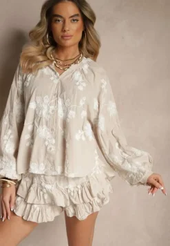 Beżowy Komplet z Bawełny Spódnico-Spodenki i Koszula z Szerokimi Rękawami Savalene