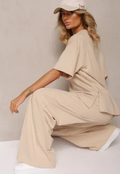 Beżowy Komplet z Bawełny Proste Szerokie Spodnie z Gumką w Pasie Bluzka z Rozcięciami Vimarases