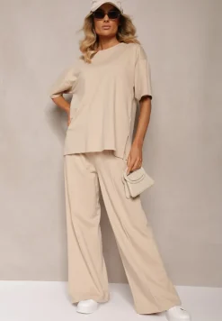 Beżowy Komplet z Bawełny Proste Szerokie Spodnie z Gumką w Pasie Bluzka z Rozcięciami Vimarases