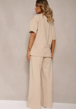 Beżowy Komplet z Bawełny Proste Szerokie Spodnie z Gumką w Pasie Bluzka z Rozcięciami Vimarases
