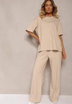 Beżowy Komplet z Bawełny Proste Szerokie Spodnie z Gumką w Pasie Bluzka z Rozcięciami Vimarases