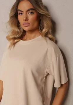 Beżowy Komplet z Bawełny Proste Szerokie Spodnie z Gumką w Pasie Bluzka z Rozcięciami Vimarases