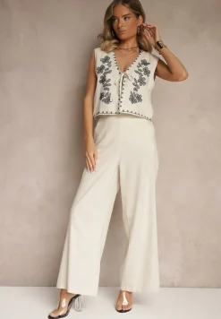 Beżowy Komplet z Bawełny Spodnie o Szerokim Kroju i Haftowana Kamizelka Ralissele