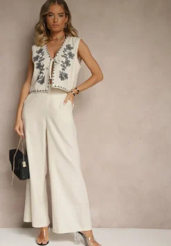 Beżowy Komplet z Bawełny Spodnie o Szerokim Kroju i Haftowana Kamizelka Ralissele