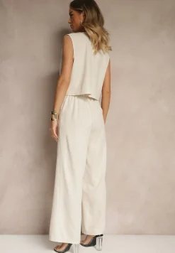 Beżowy Komplet z Bawełny Spodnie o Szerokim Kroju i Haftowana Kamizelka Ralissele