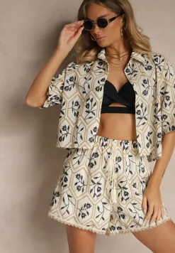 Beżowy Komplet z Bawełny Szorty i Koszula w Kwiatowy Wzór Kolavea