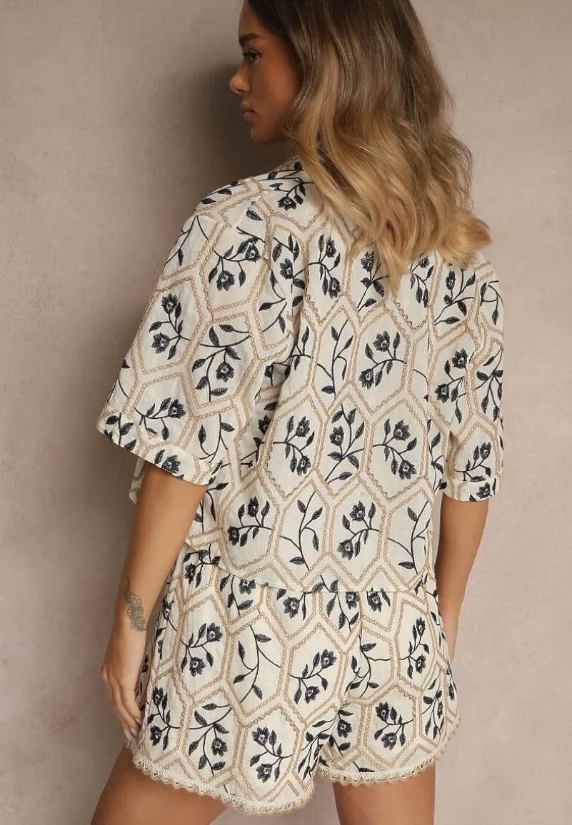 Beżowy Komplet z Bawełny Szorty i Koszula w Kwiatowy Wzór Kolavea