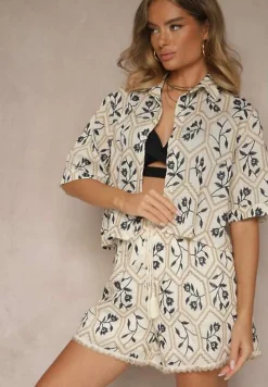 Beżowy Komplet z Bawełny Szorty i Koszula w Kwiatowy Wzór Kolavea