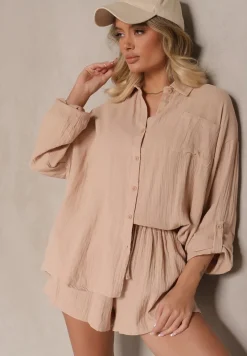 Beżowy Komplet z Bawełny Szorty i Koszula z Regulacją przy Rękawach Eleamari