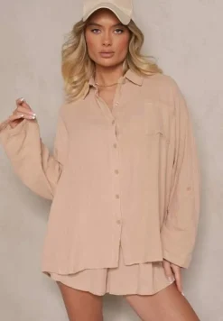 Beżowy Komplet z Bawełny Szorty i Koszula z Regulacją przy Rękawach Eleamari