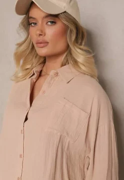 Beżowy Komplet z Bawełny Szorty i Koszula z Regulacją przy Rękawach Eleamari