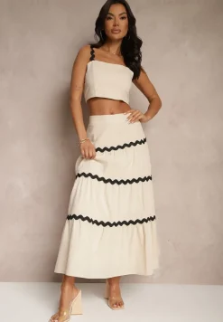 Beżowy Komplet z Bawełny Top na Ramiączkach i Spódnica Janoria