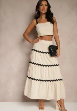 Beżowy Komplet z Bawełny Top na Ramiączkach i Spódnica Janoria