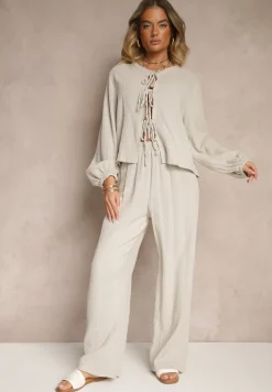 Beżowy Komplet z Bawełny Wiązana Bluzka i Szerokie Spodnie Palaniela