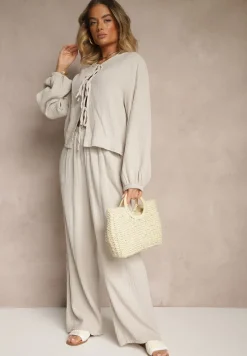 Beżowy Komplet z Bawełny Wiązana Bluzka i Szerokie Spodnie Palaniela