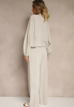 Beżowy Komplet z Bawełny Wiązana Bluzka i Szerokie Spodnie Palaniela