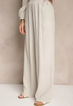 Beżowy Komplet z Bawełny Wiązana Bluzka i Szerokie Spodnie Palaniela