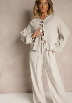 Beżowy Komplet z Bawełny Wiązana Bluzka i Szerokie Spodnie Palaniela