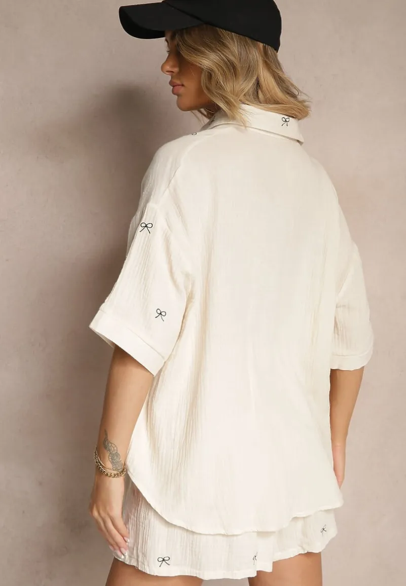 Beżowy Komplet z Bawełny z Koszulą Zdobioną Haftem i Szortami Dortebia