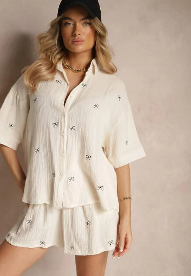 Beżowy Komplet z Bawełny z Koszulą Zdobioną Haftem i Szortami Dortebia