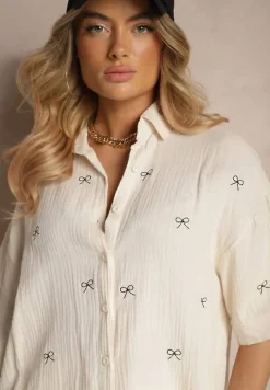 Beżowy Komplet z Bawełny z Koszulą Zdobioną Haftem i Szortami Dortebia