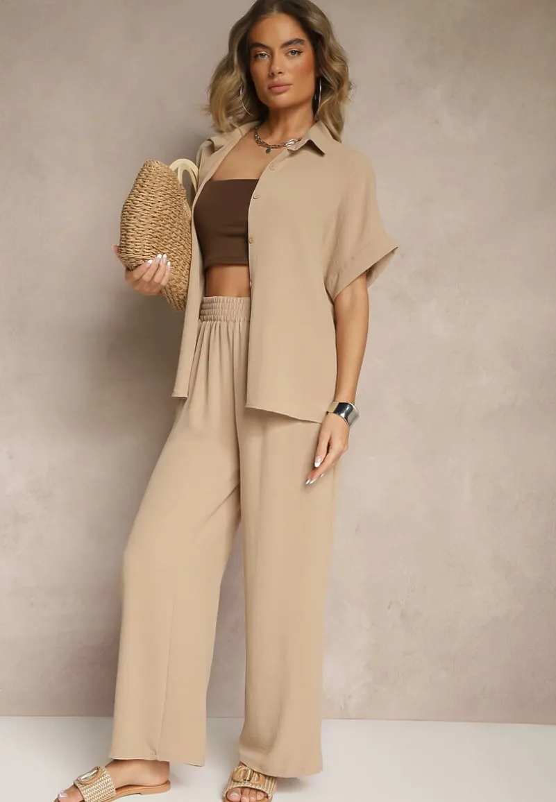 Beżowy Komplet z Koszulą z Krótkim Rękawem i Spodniami o Szerokim Kroju Malerienna