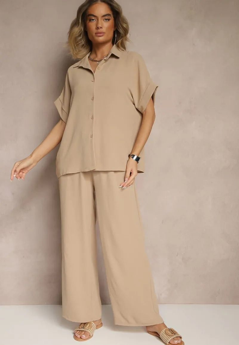 Beżowy Komplet z Koszulą z Krótkim Rękawem i Spodniami o Szerokim Kroju Malerienna