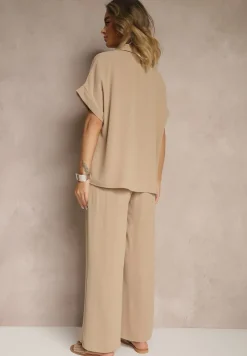 Beżowy Komplet z Koszulą z Krótkim Rękawem i Spodniami o Szerokim Kroju Malerienna