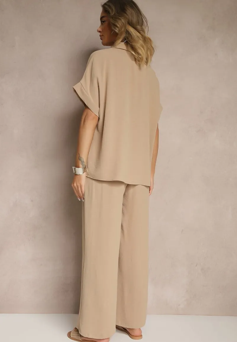 Beżowy Komplet z Koszulą z Krótkim Rękawem i Spodniami o Szerokim Kroju Malerienna