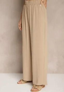 Beżowy Komplet z Koszulą z Krótkim Rękawem i Spodniami o Szerokim Kroju Malerienna