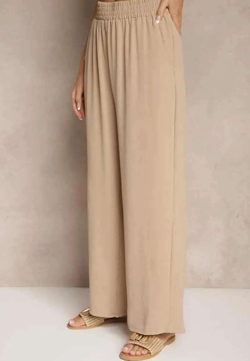 Beżowy Komplet z Koszulą z Krótkim Rękawem i Spodniami o Szerokim Kroju Malerienna