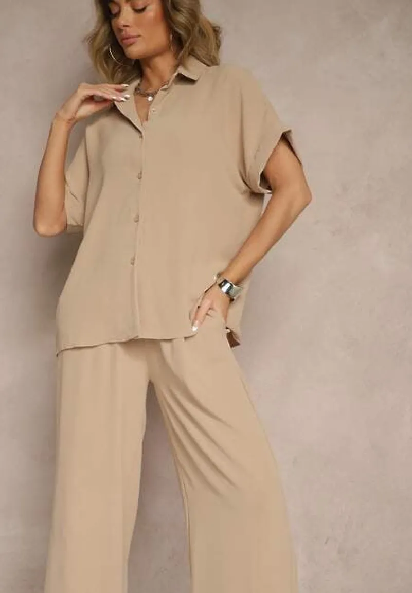 Beżowy Komplet z Koszulą z Krótkim Rękawem i Spodniami o Szerokim Kroju Malerienna
