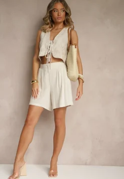 Beżowy Komplet z Lnem i Wiskozą Kamizelka z Wiązaniem i Szorty Kolarea