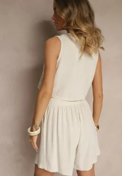 Beżowy Komplet z Lnem i Wiskozą Kamizelka z Wiązaniem i Szorty Kolarea